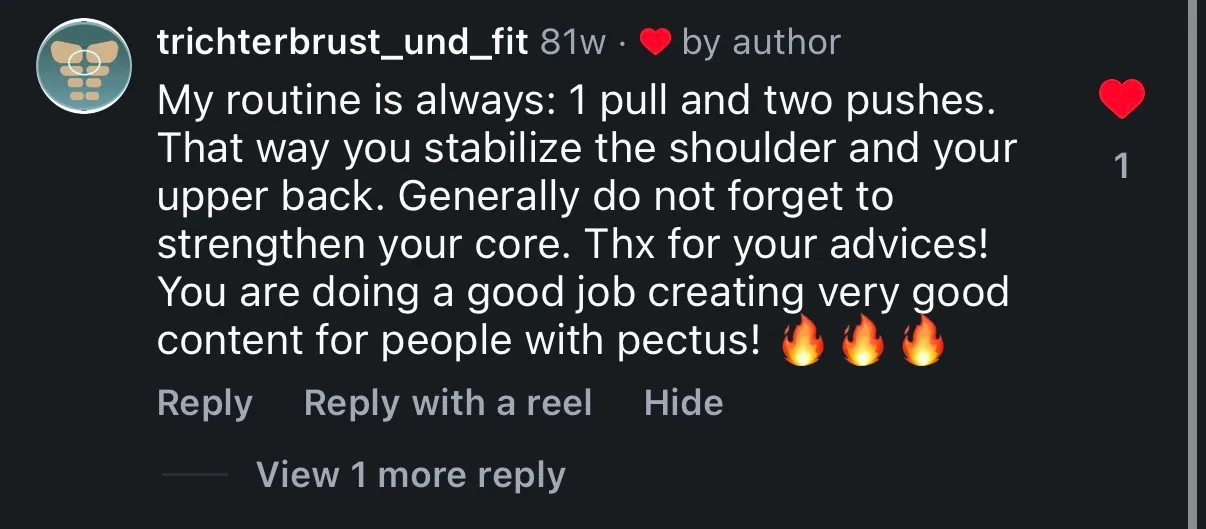 Instagram comment from a respected pectus-community account sharing routine tips
