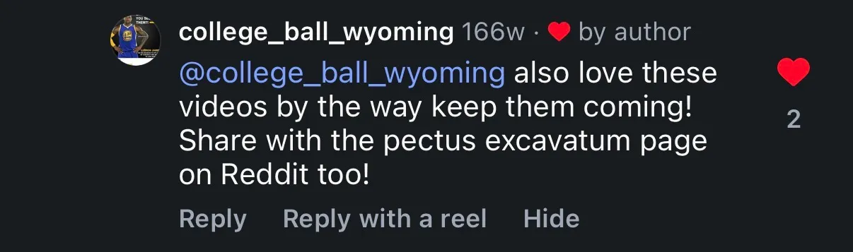 Instagram comment recommending the videos to the pectus excavatum Reddit page