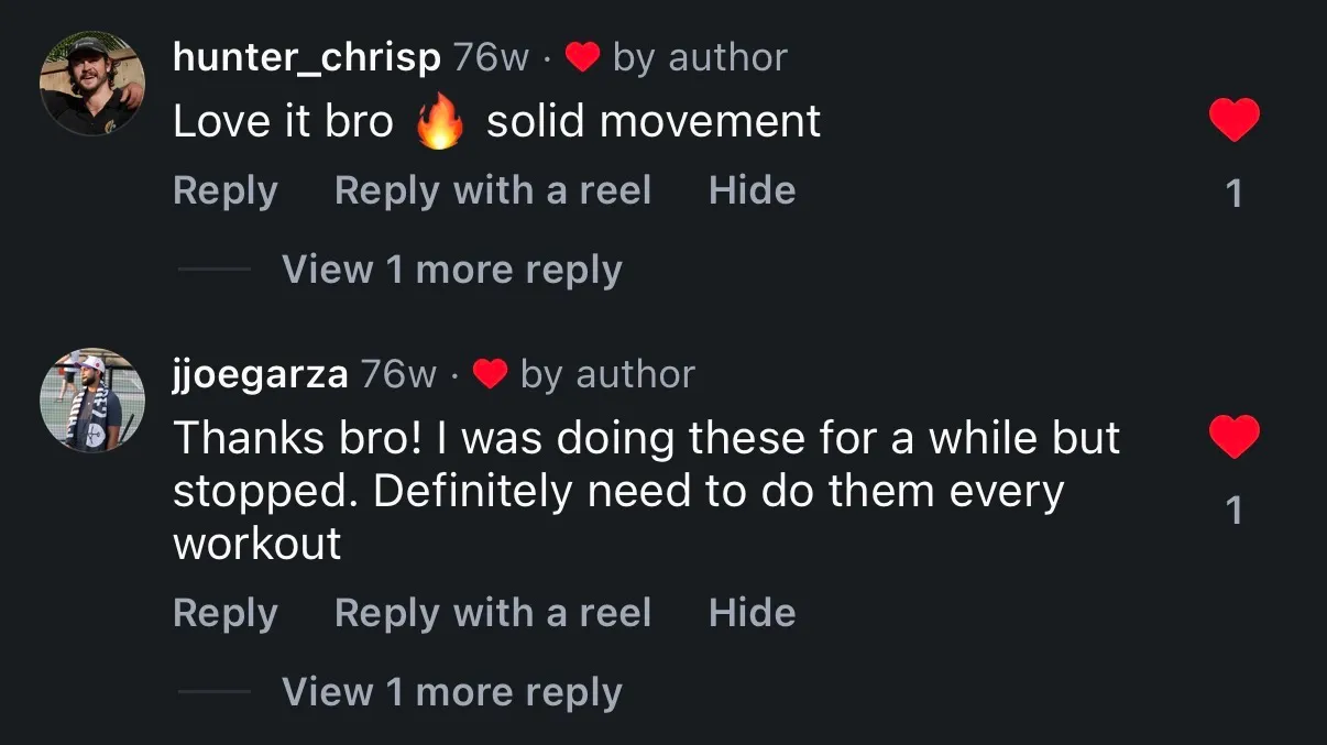 Instagram comments praising the movement and committing to do it every workout