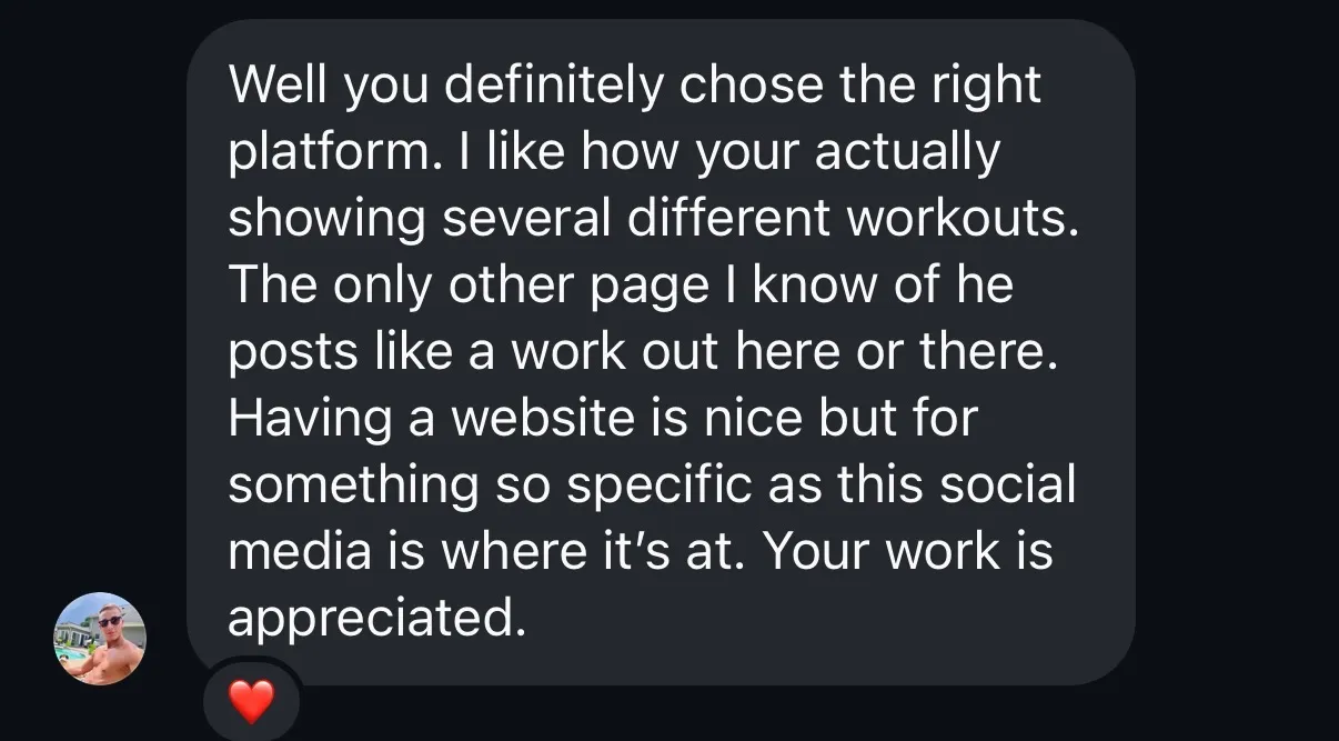 Instagram DM praising the range of workouts shown on the page