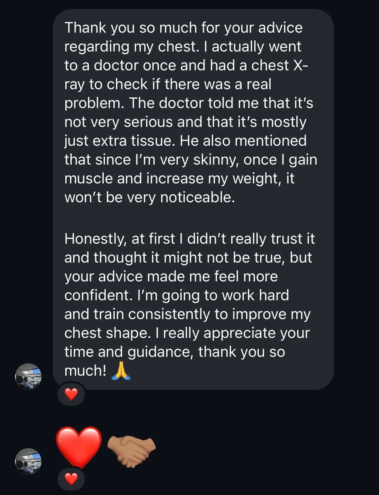 Instagram DM: doctor's X-ray said it wasn't serious, advice helped build confidence