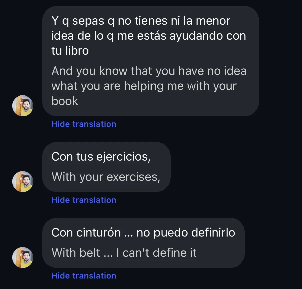 Instagram DM (Spanish, auto-translated): the book and exercises helped more than words can say