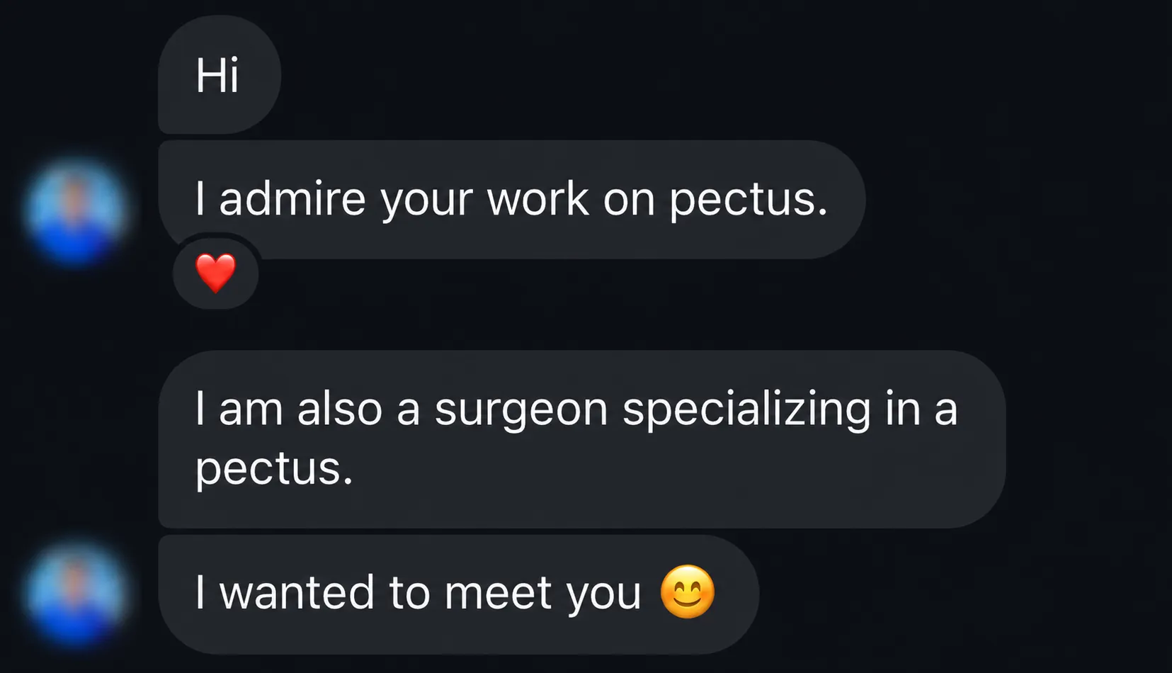 Instagram DM from a fellow surgeon specializing in pectus, admiring the work