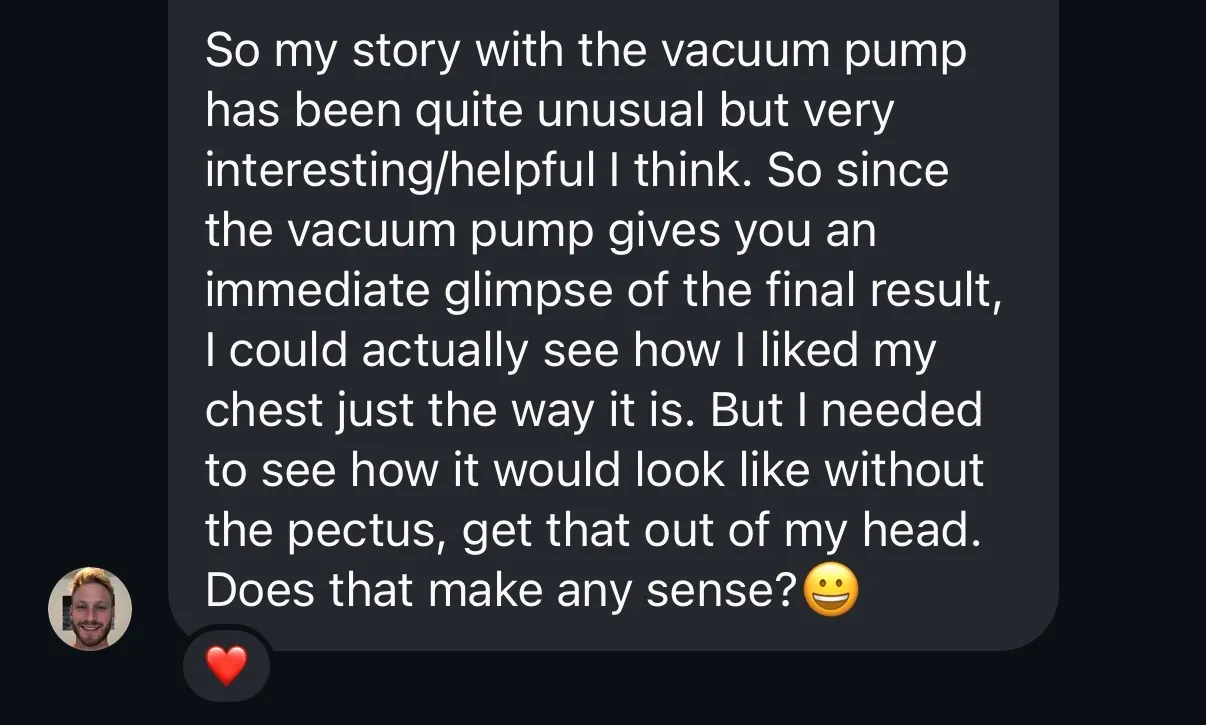 Instagram DM describing an unusual, helpful experience with the vacuum pump