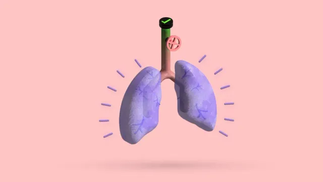 A 3D pair of lungs drawn with radiating lines, a no-smoking sign beside the windpipe