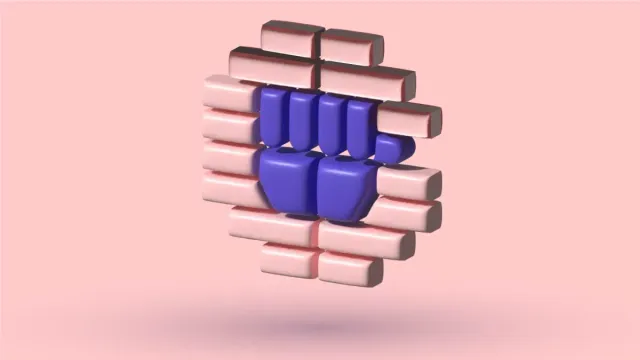 A 3D heart built from blue blocks set into a pink brick wall