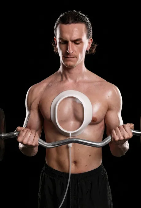 Mihail Veleski training with a vacuum bell on his chest