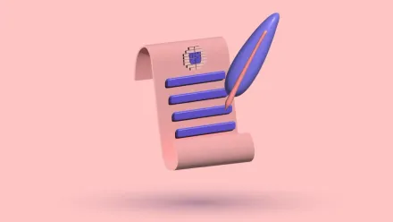 A 3D scroll of written lines with a quill pen resting on it