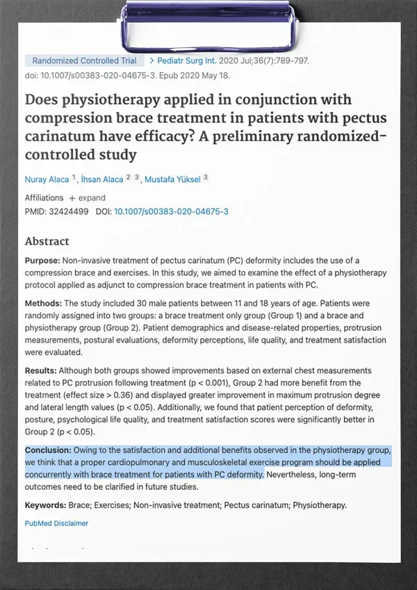First page of the study: Does physiotherapy applied in conjunction with compression brace treatment in patients with pectus carinatum have efficacy? A preliminary randomized-controlled study