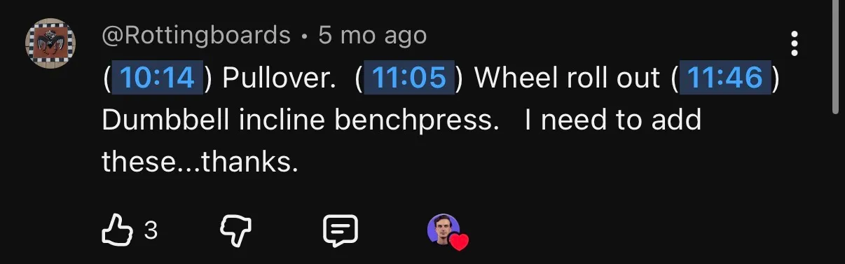 YouTube comment listing specific exercises to add, with video timestamps