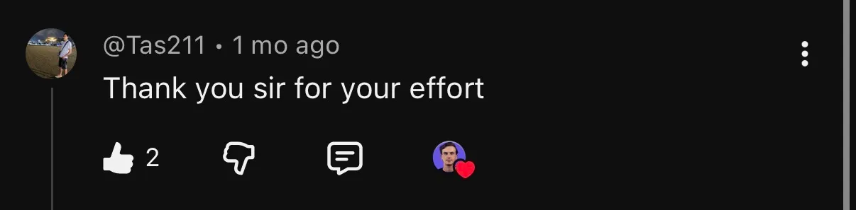 YouTube comment thanking Mihail for the effort