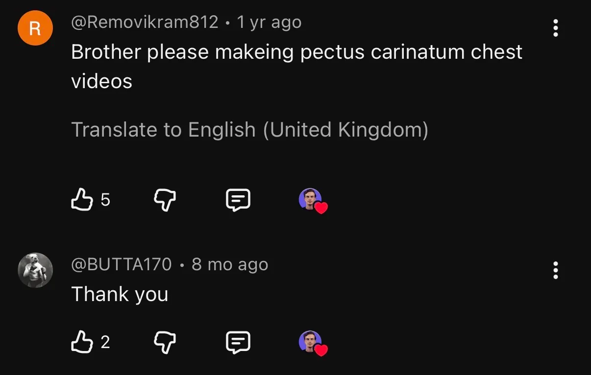 YouTube comments requesting more pectus carinatum content