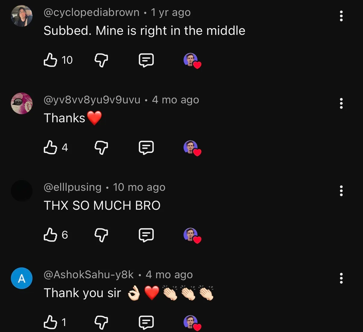 Four YouTube viewers thanking Mihail in the comments