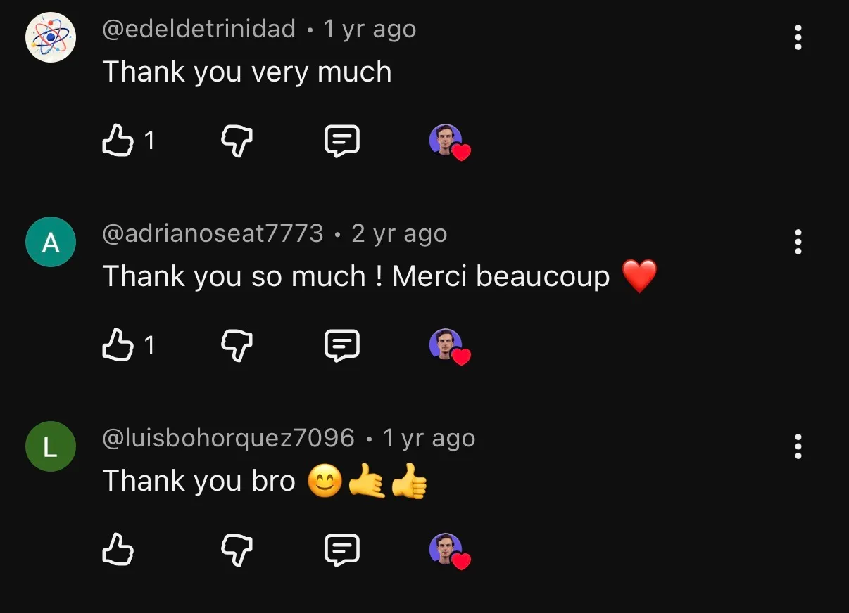 YouTube comments thanking Mihail in English and French