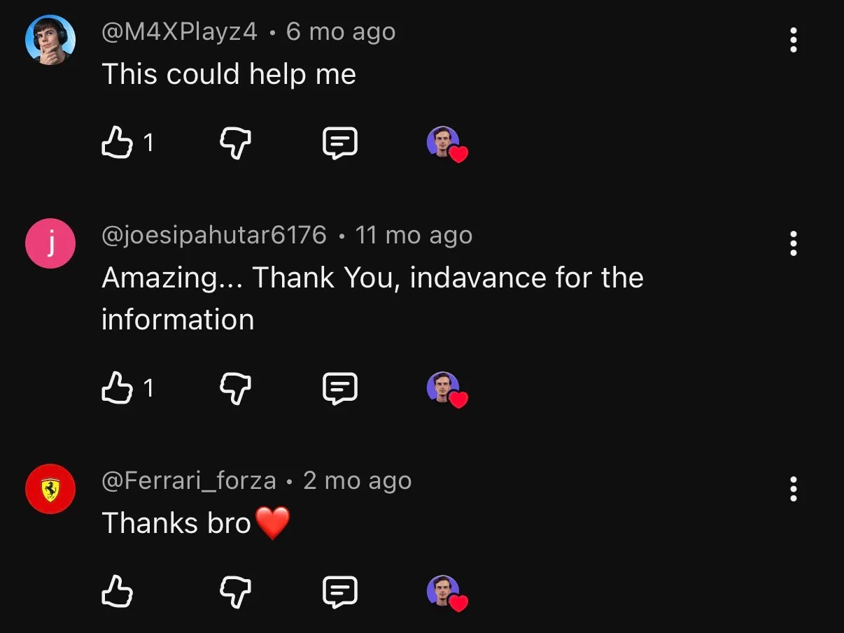 Three YouTube viewers thanking Mihail for the information