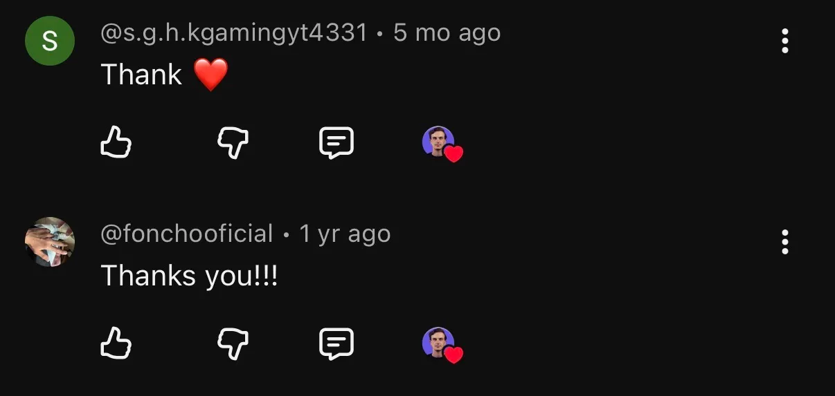 Two short thank-you comments on YouTube