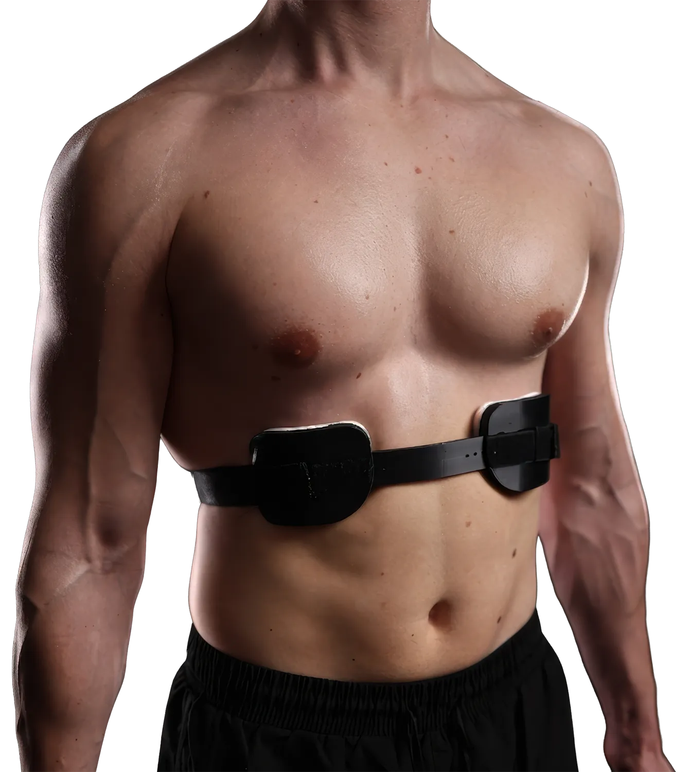 Mihail Veleski wearing the rib flare brace, showing where the pads sit against the lower ribs