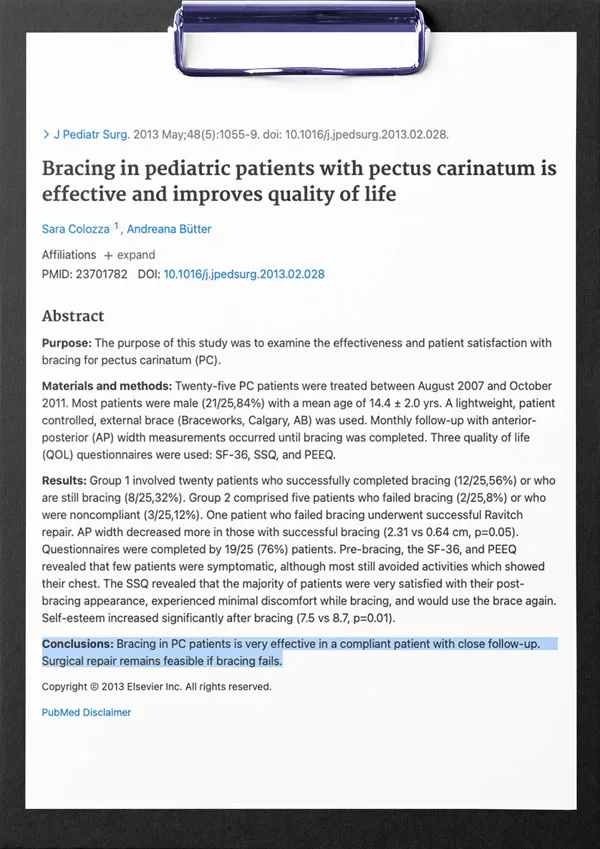 First page of the study: Bracing in pediatric patients with pectus carinatum is effective and improves quality of life