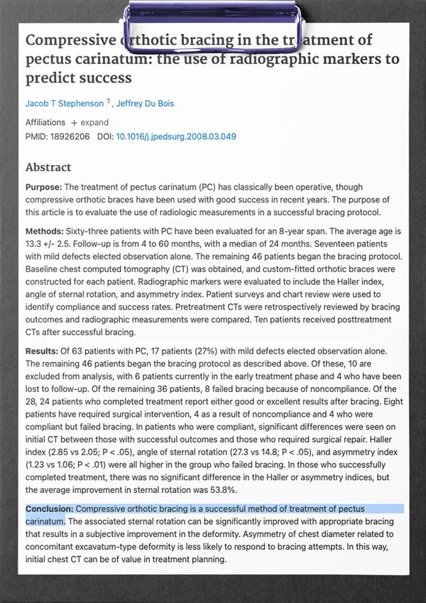 First page of the study: Compressive orthotic bracing in the treatment of pectus carinatum: the use of radiographic markers to predict success