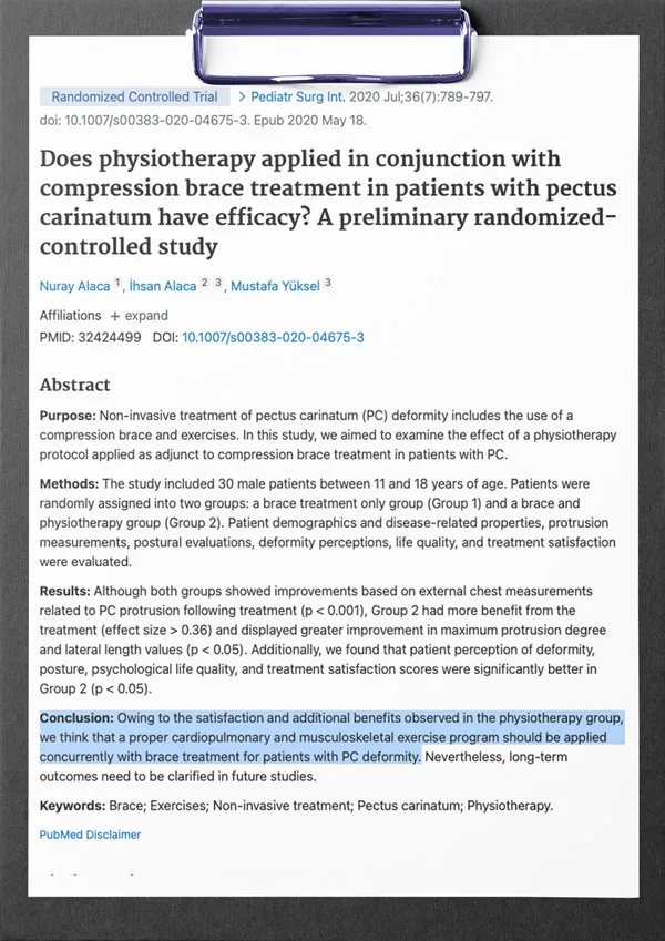 First page of the study: Does physiotherapy applied in conjunction with compression brace treatment in patients with pectus carinatum have efficacy? A preliminary randomized-controlled study