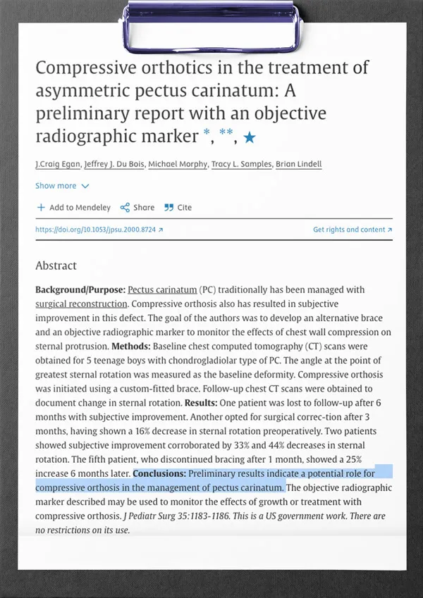First page of the study: Compressive orthotics in the treatment of asymmetric pectus carinatum. A preliminary report with an objective radiographic marker