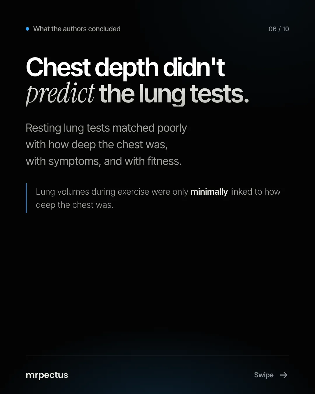 What the authors concluded: chest depth didn't predict the lung tests. Resting lung tests matched poorly with how deep the chest was, with symptoms, and with fitness. Lung volumes during exercise were only minimally linked to how deep the chest was.